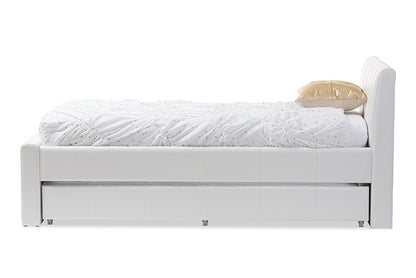 Contemporary Twin Trundle Bed in White Faux Leather