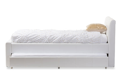 Contemporary Twin Trundle Bed in White Faux Leather