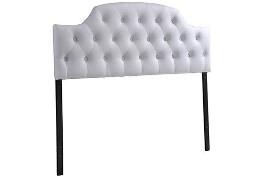 Contemporary Button Tufted Queen Size Headboard in White Faux Leather - The Furniture Space.
