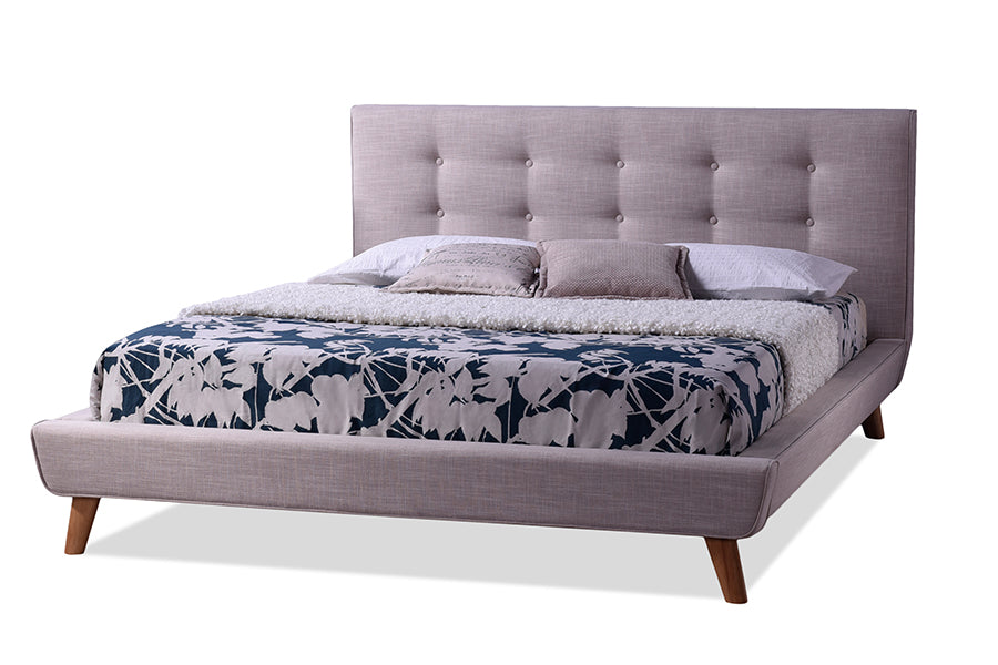 Mid-Century Platform King Size Bed in Beige Fabric