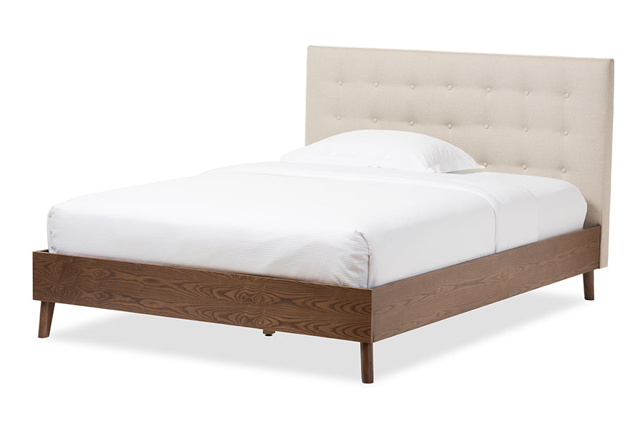 Mid-Century Full Size Bed in Light Beige Fabric