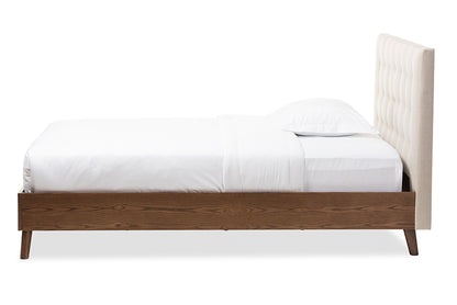 Mid-Century Modern Platform Queen Size Bed in Light Beige Fabric