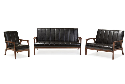 Mid-Century Modern Sofa, Loveseat & Accent Chair in Black Faux Leather