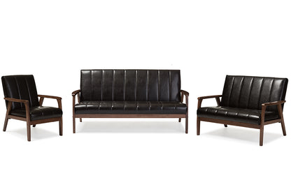 Mid-Century Modern Sofa, Loveseat & Accent Chair in Dark Brown Faux Leather