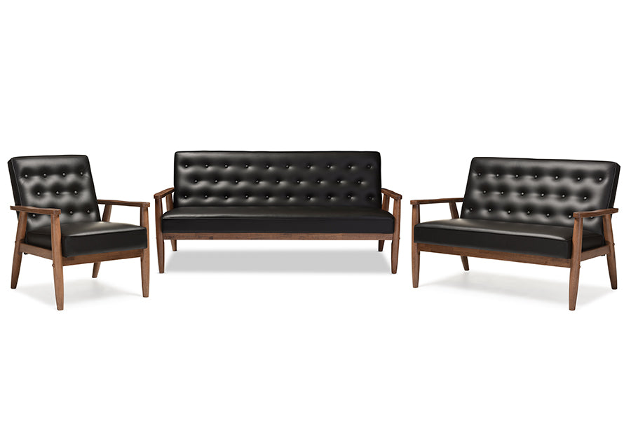 Mid-Century Modern Sofa, Loveseat & Living Room Chair in Black Faux Leather