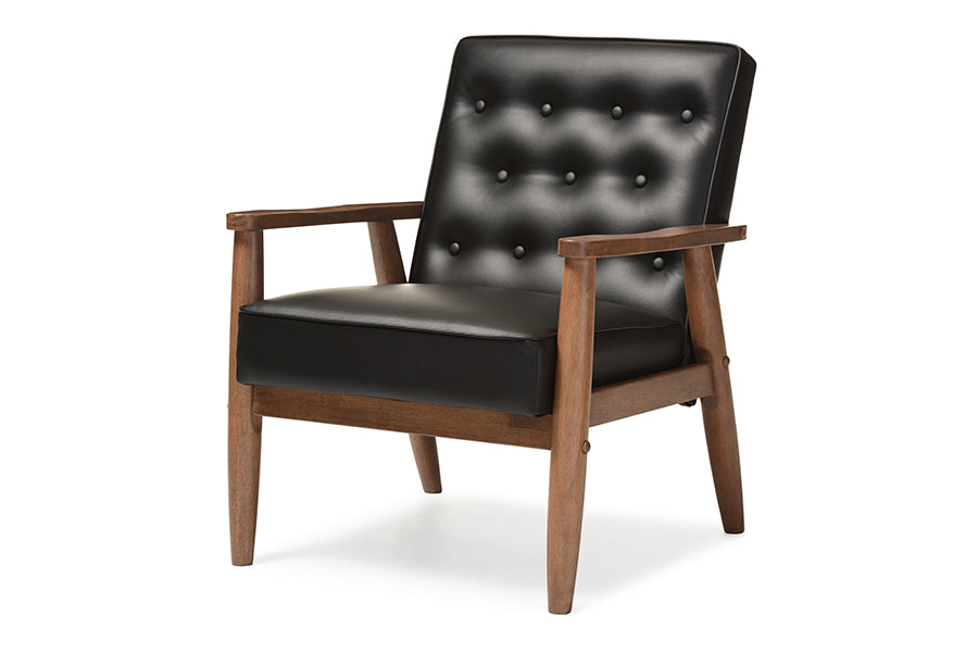 Mid-Century Modern Lounge Arm Chair in Black Faux Leather
