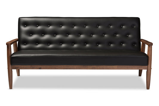 Mid-Century Modern Sofa in Black Faux Leather
