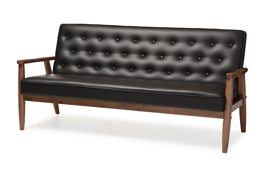 Mid-Century Modern Sofa in Black Faux Leather