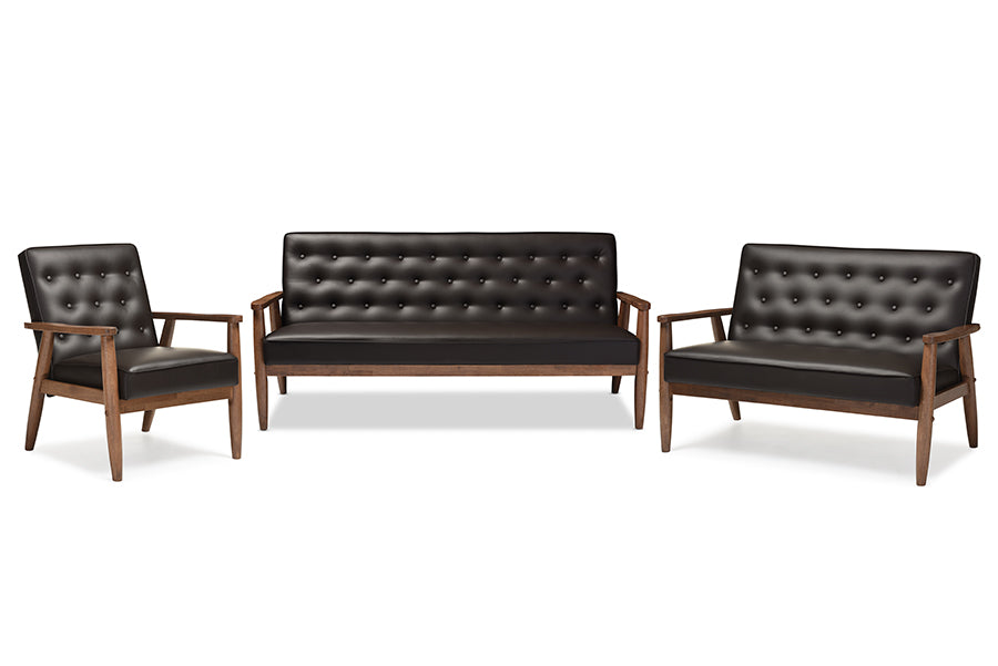 Mid-Century Modern Sofa, Loveseat & Living Room Chair in Dark Brown Faux Leather