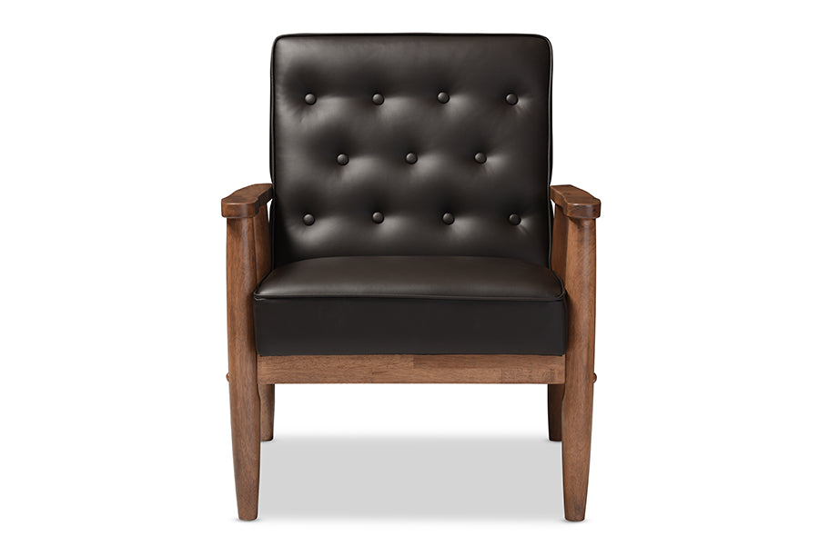 Mid-Century Modern Lounge Arm Chair in Dark Brown Faux Leather