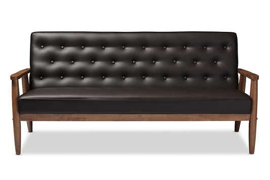 Mid-Century Modern Sofa in Dark Brown Faux Leather