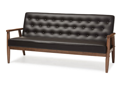 Mid-Century Modern Sofa in Dark Brown Faux Leather