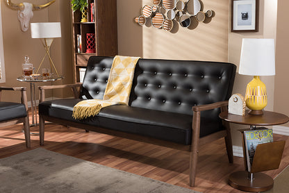 Mid-Century Modern Sofa in Dark Brown Faux Leather