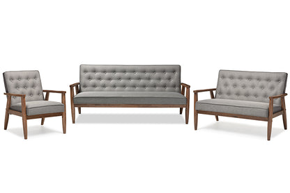 Mid-Century Sofa, Loveseat & Living Room Chair in Grey Fabric