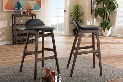 Mid-Century Modern 2 30" Bar Stools in Black Faux Leather