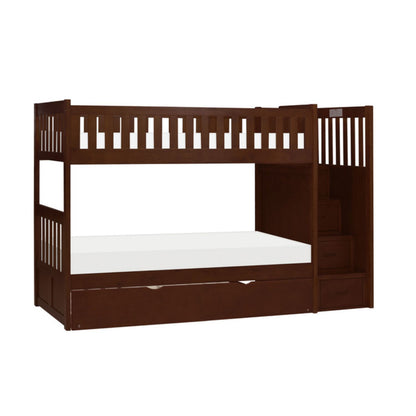 Homelegance Rowe Bunk Bed with Reversible Step Storage Twin Trundle in Dark Cherry