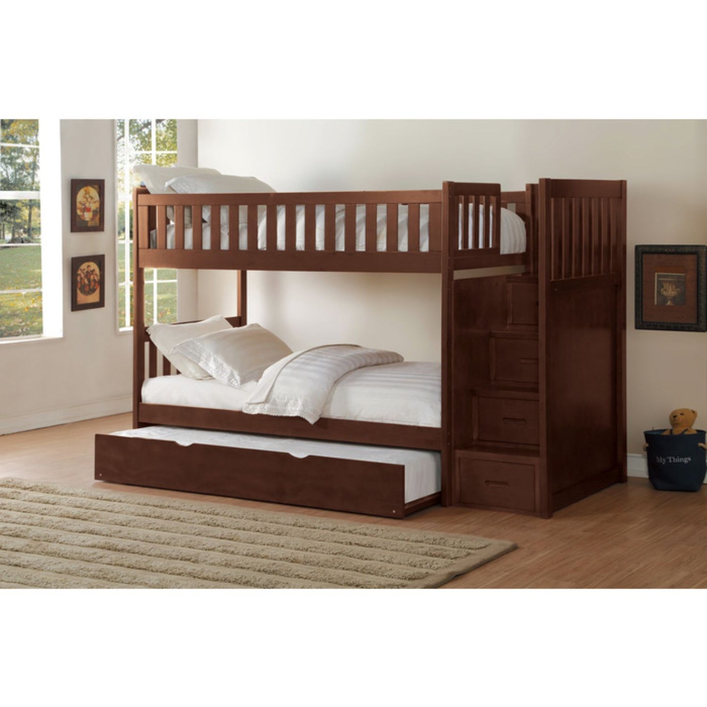 Homelegance Rowe Bunk Bed with Reversible Step Storage Twin Trundle in Dark Cherry