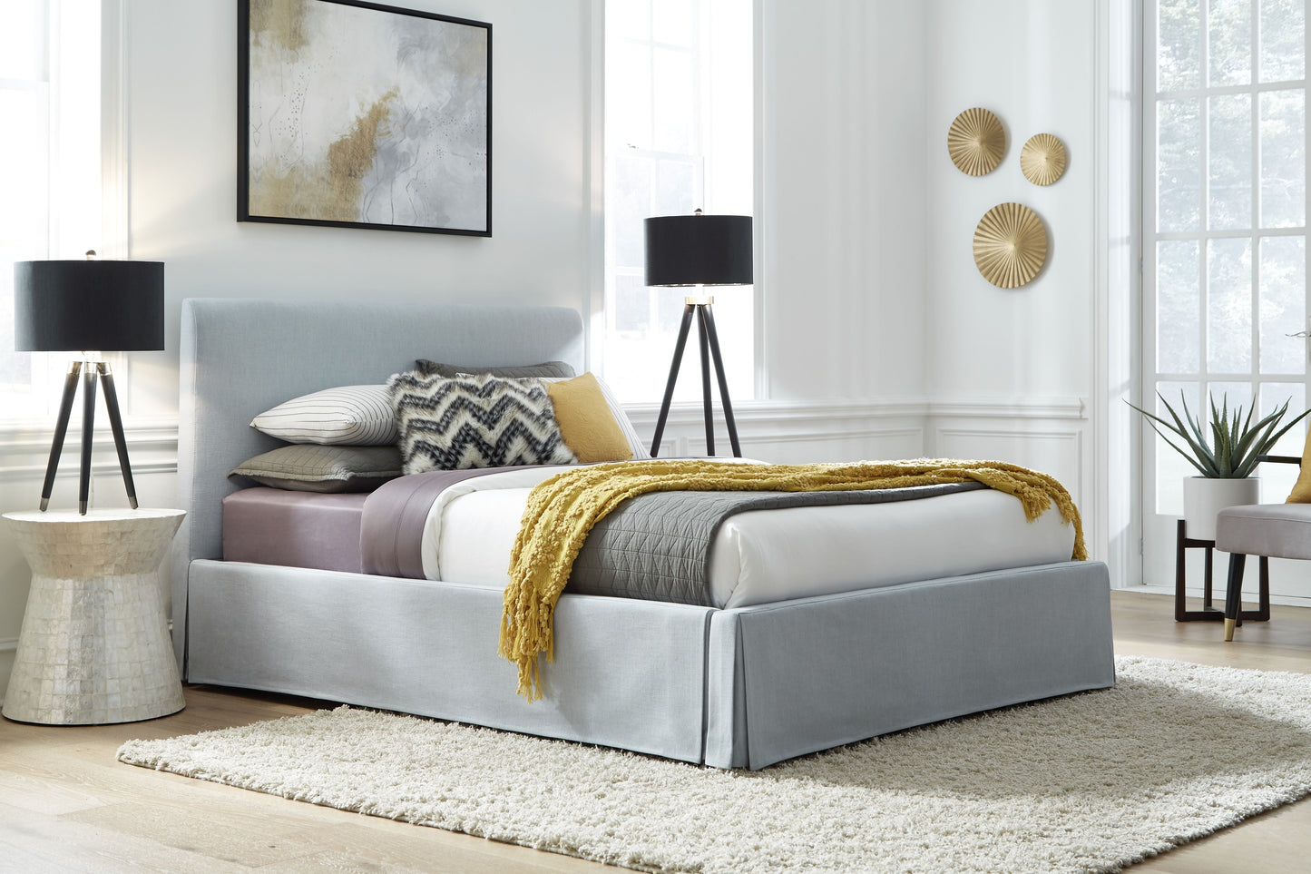 Modus Shelby Full Upholstered Skirted Panel Bed in Sky