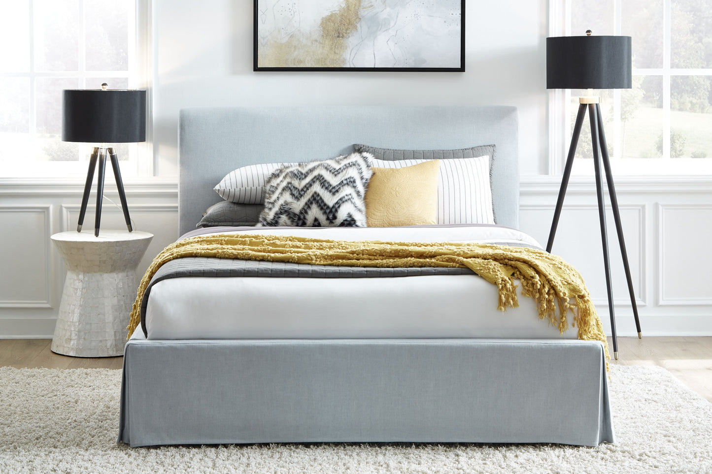 Modus Shelby Full Upholstered Skirted Panel Bed in Sky