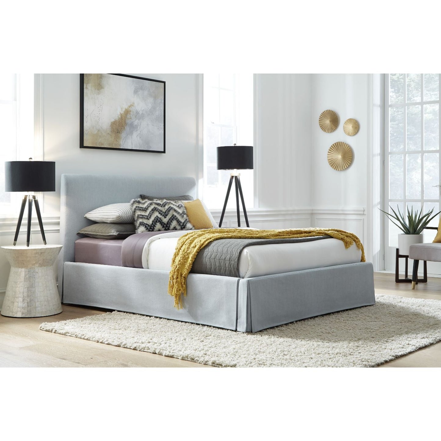 Modus Shelby Cal King Upholstered Skirted Panel Bed in Sky