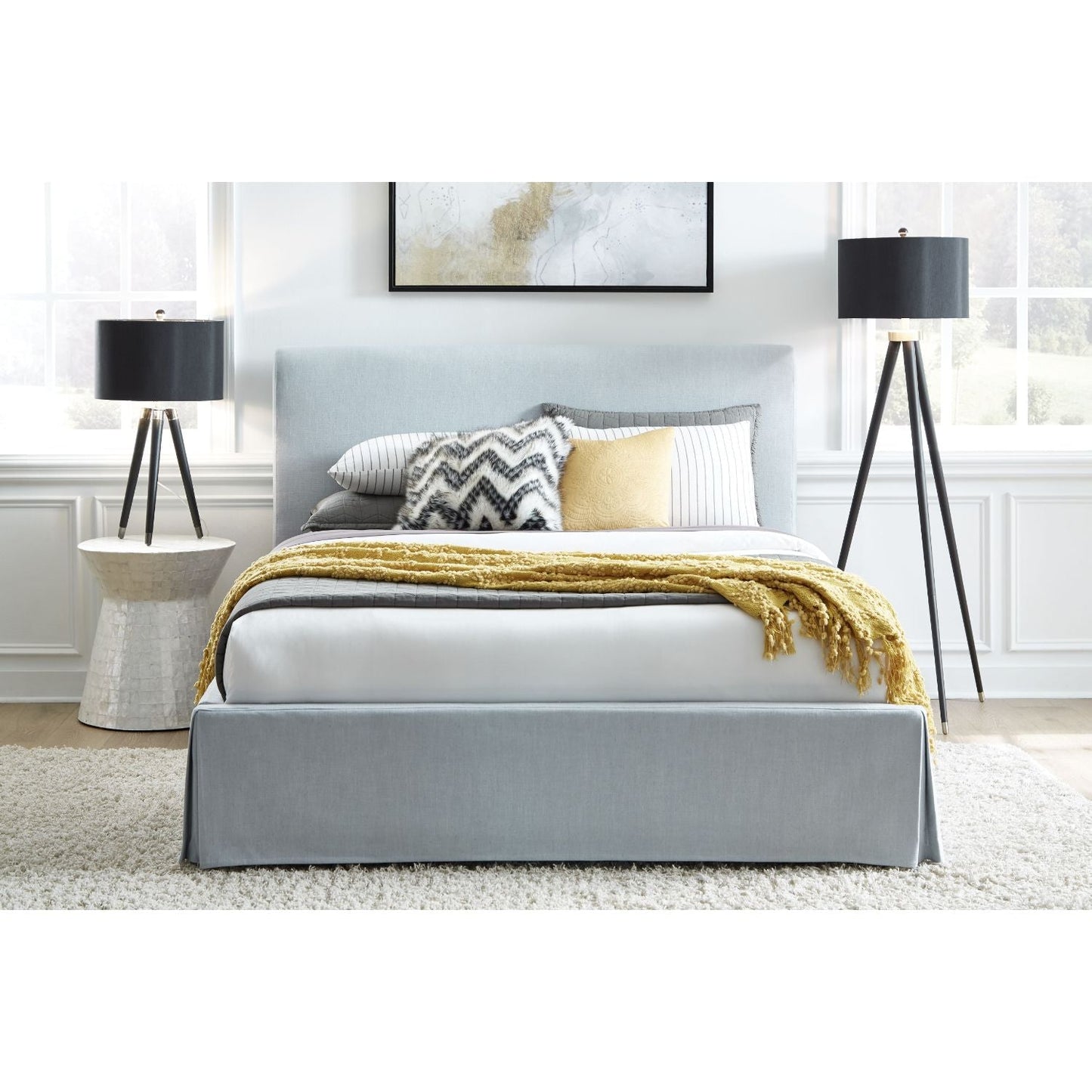 Modus Shelby Full Upholstered Skirted Storage Panel Bed in Sky