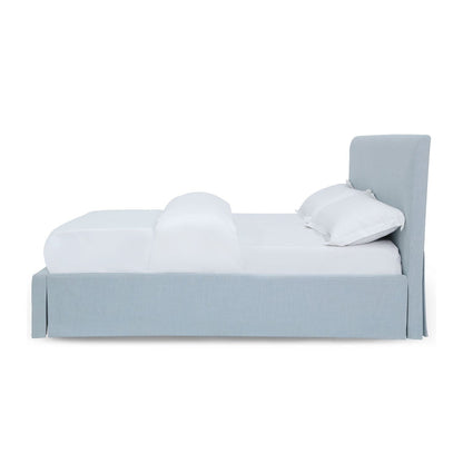Modus Shelby King Upholstered Skirted Storage Panel Bed in Sky