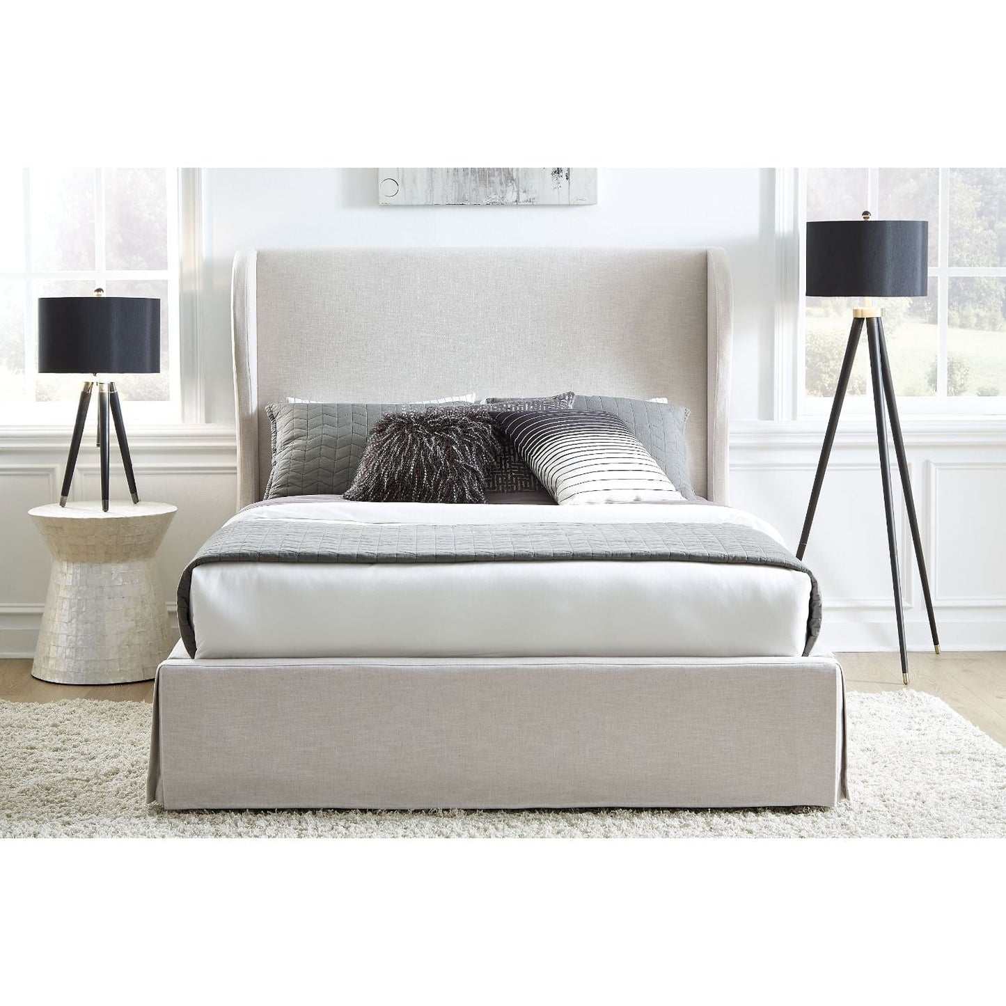 Modus Hera Queen Upholstered Skirted Panel Bed in Oatmeal