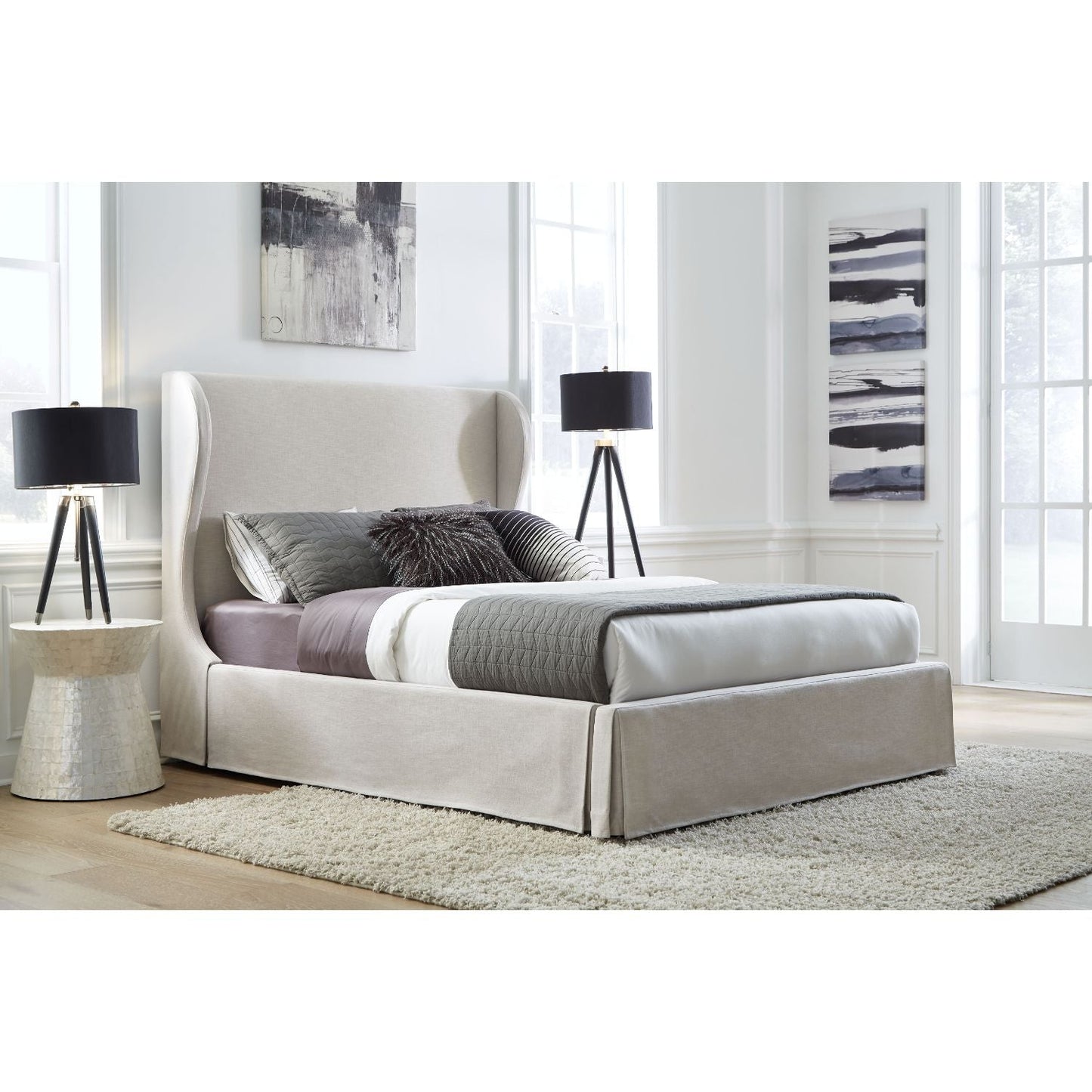 Modus Hera Cal King Upholstered Skirted Panel Bed in Oatmeal