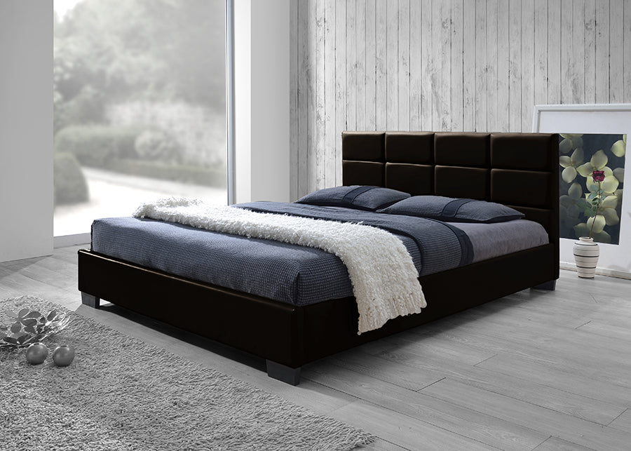 Contemporary Platform Full Size Bed in Dark Brown Faux Leather - The Furniture Space.