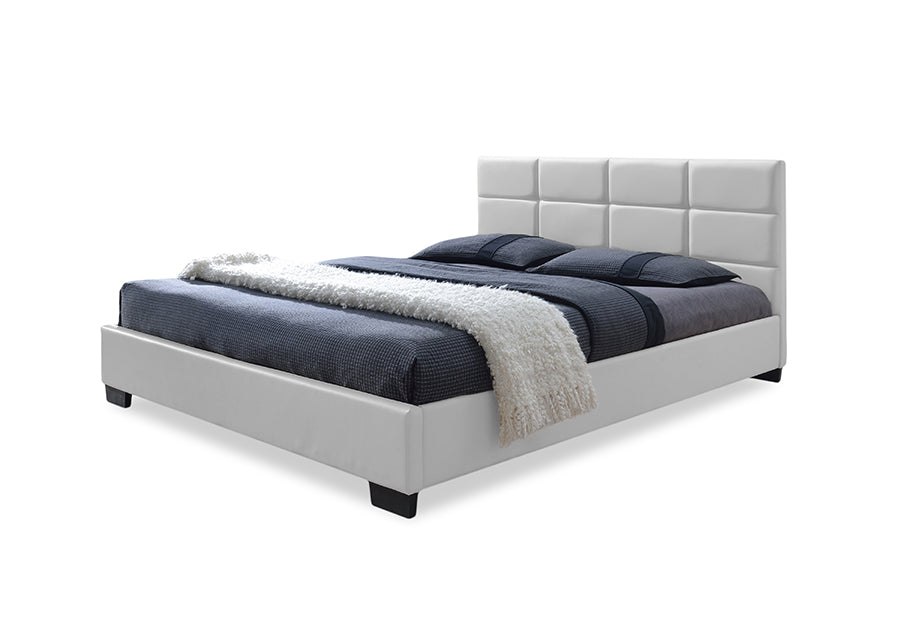 Contemporary Platform Queen Size Bed in White Faux Leather - The Furniture Space.