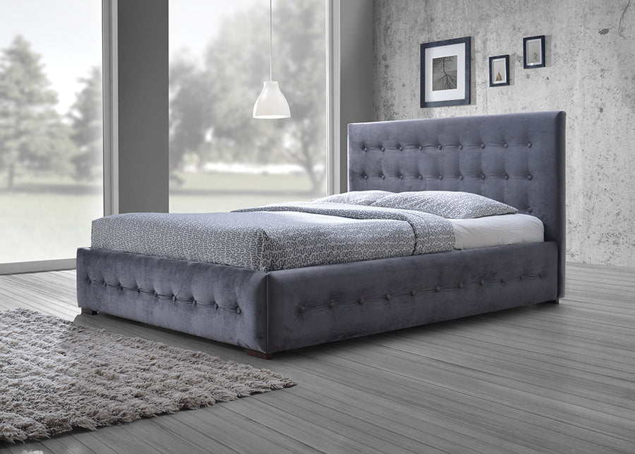 Contemporary Button Tufted Queen Size Bed in Grey Fabric - The Furniture Space.