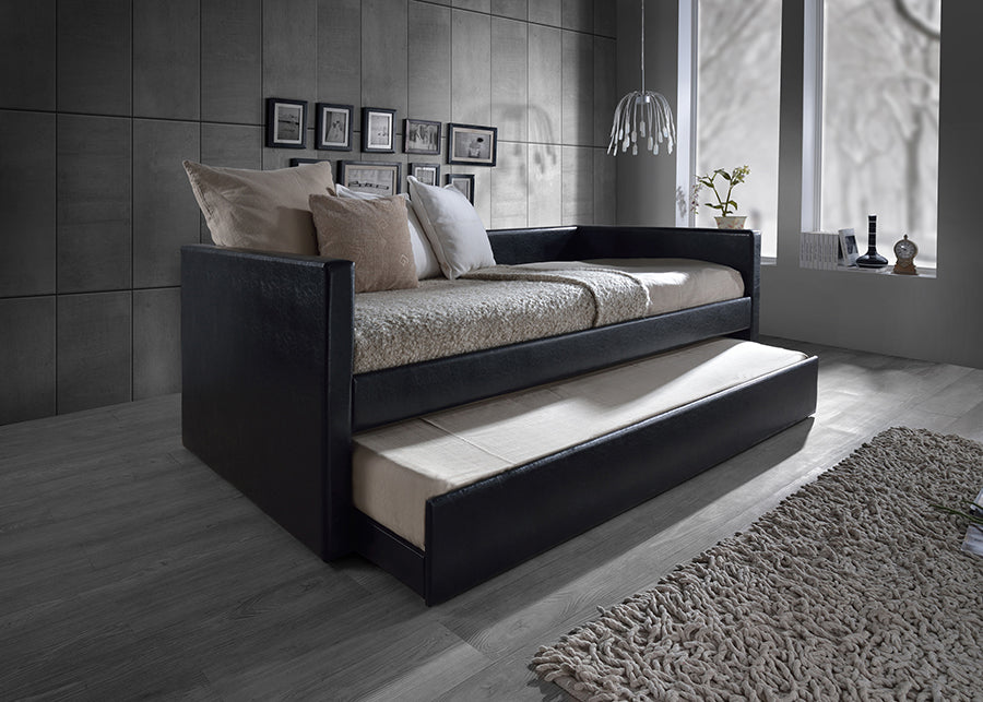 Contemporary Twin Daybed with Trundle in Black Faux Leather