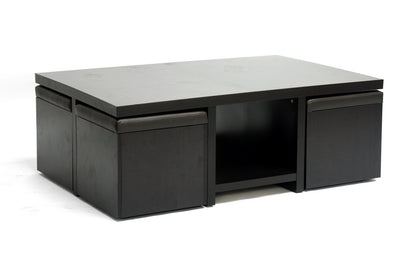 Contemporary Cocktail Table with 4 Ottoman Stool Set in Dark Brown Faux Leather - The Furniture Space.