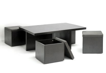 Contemporary Cocktail Table with 4 Ottoman Stool Set in Dark Brown Faux Leather - The Furniture Space.