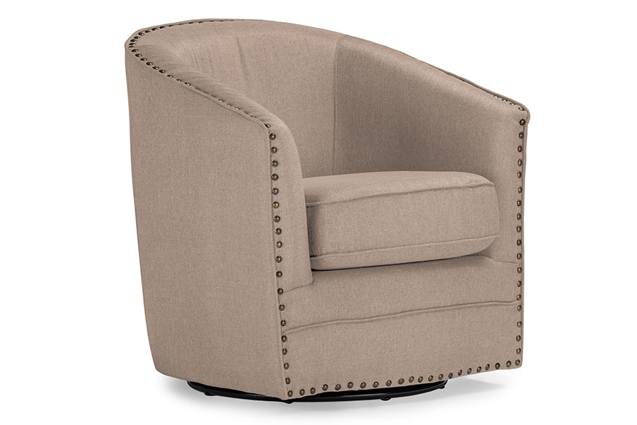 Classic Retro Swivel Tub Chair in Beige Fabric - The Furniture Space.