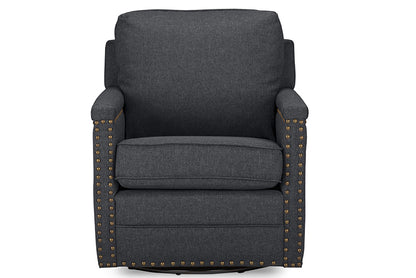 Classic Retro Nail Trim Swivel Arm Chair in Grey Fabric - The Furniture Space.