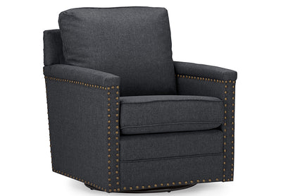 Classic Retro Nail Trim Swivel Arm Chair in Grey Fabric - The Furniture Space.