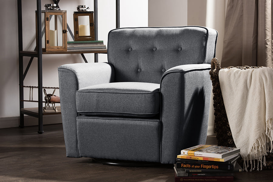 Classic Retro Button Tufted Swivel Lounge Chair in Grey Fabric - The Furniture Space.