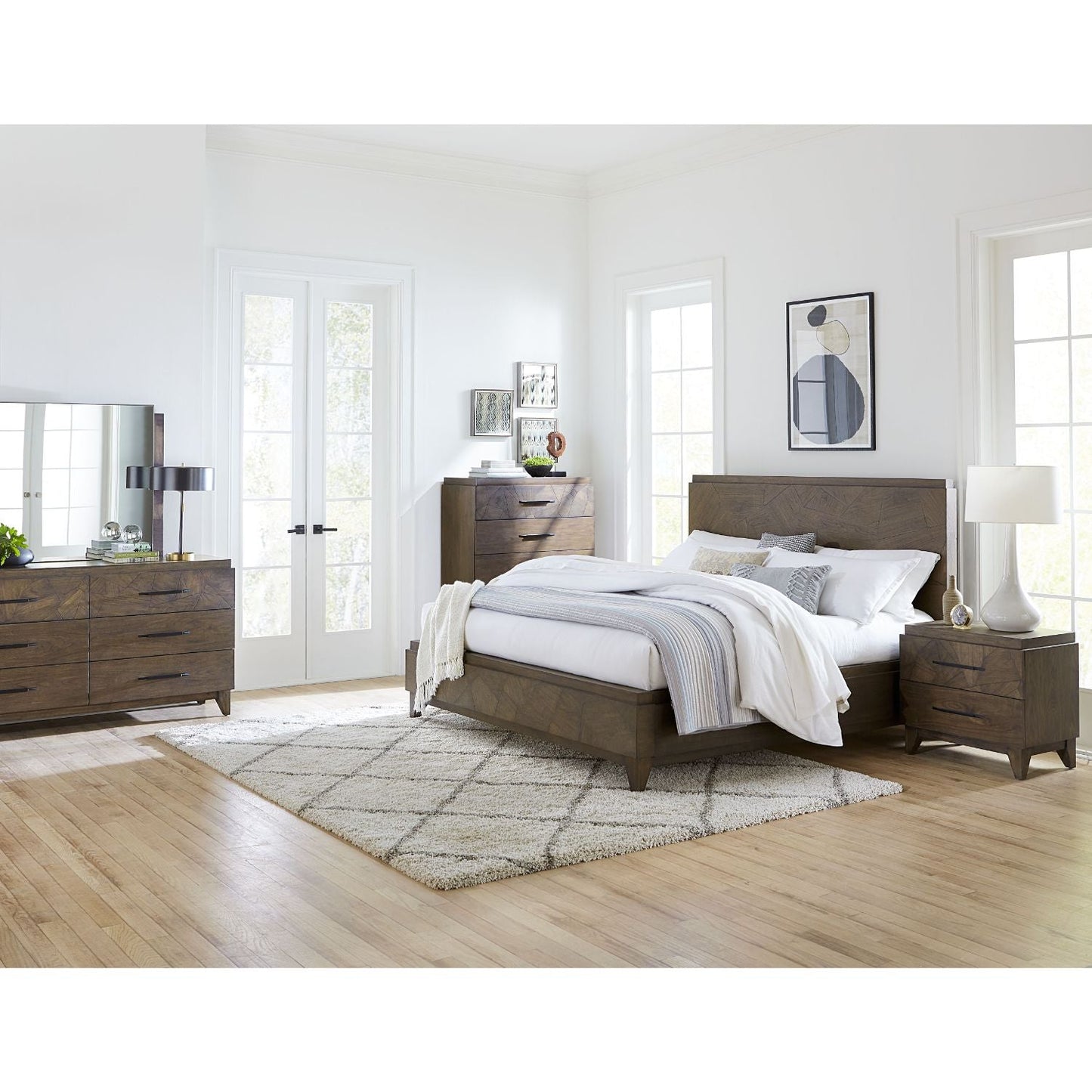 Modus Broderick 5PC E King Panel Bedroom Set w 2 Nightstand in Wild Oats Brown