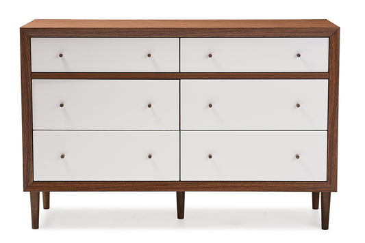 Scandinavian 6 Drawer Storage Dresser Cabinet in Walnut Brown & White