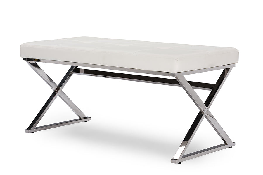 Contemporary Stainless Steel Bench in White PU Leather