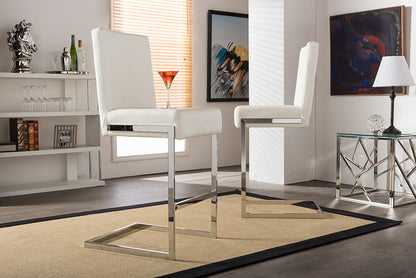 Contemporary 2 Stainless Steel Bar Stools in White PU Leather - The Furniture Space.