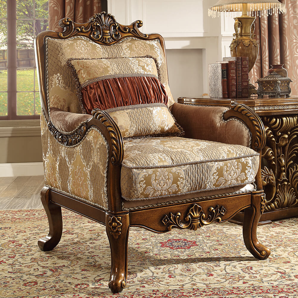 Fabric Accent Chair in Metallic Antique Gold Finish European Victorian