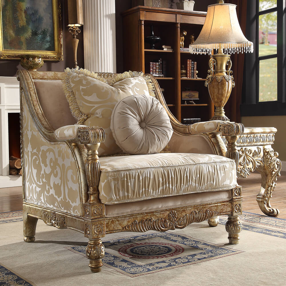 Fabric Accent Chair in Metallic Bright Gold Finish European Traditional Victorian