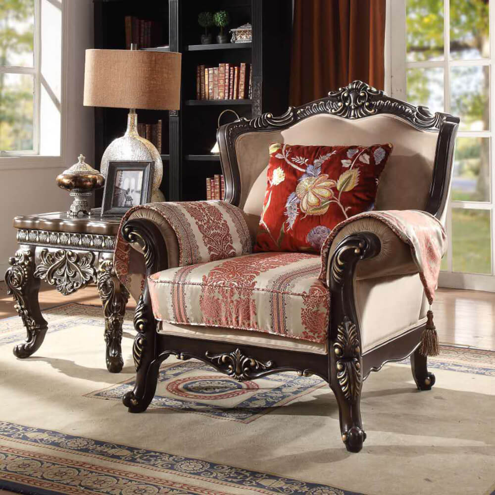 Fabric Accent Chair in Brown Mahogany Finish European Traditional Victorian