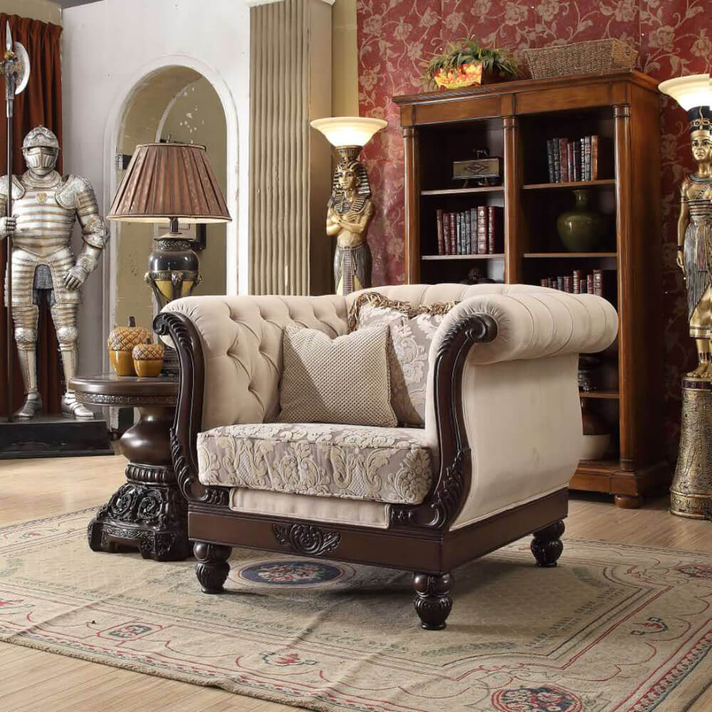 Fabric Accent Chair in Brown Mahogany Finish European Traditional Victorian