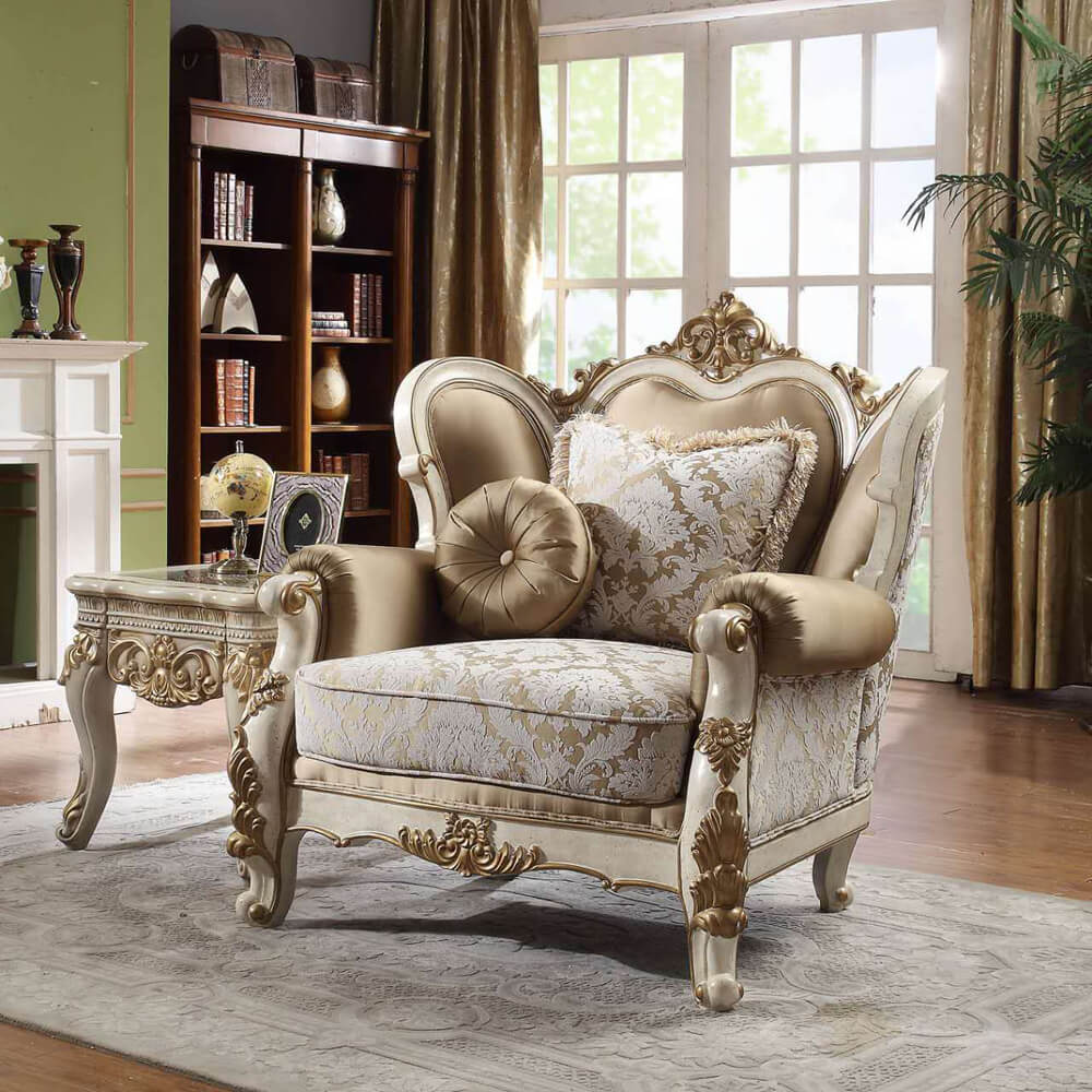 Fabric Accent Chair in Vintage White Finish European Traditional Victorian