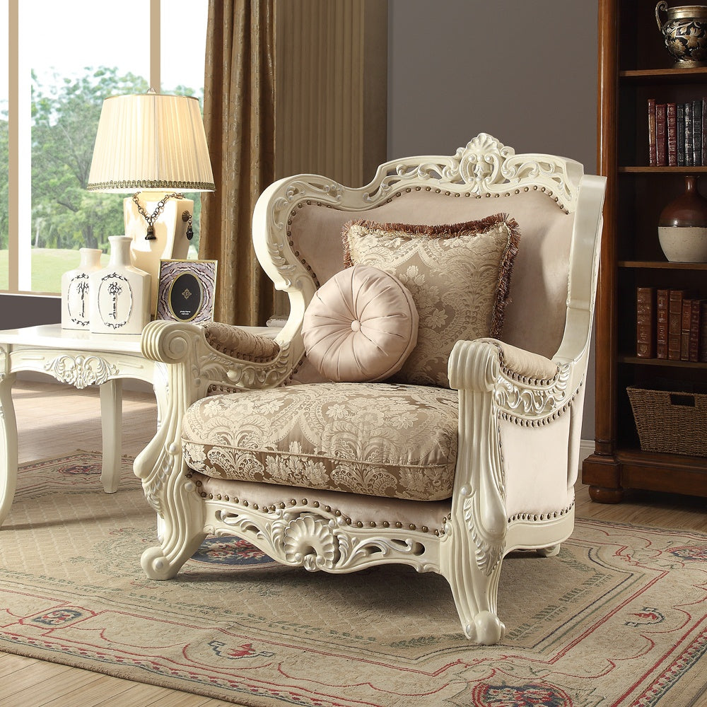 Fabric Accent Chair in Antique Ivory Finish European Traditional Victorian