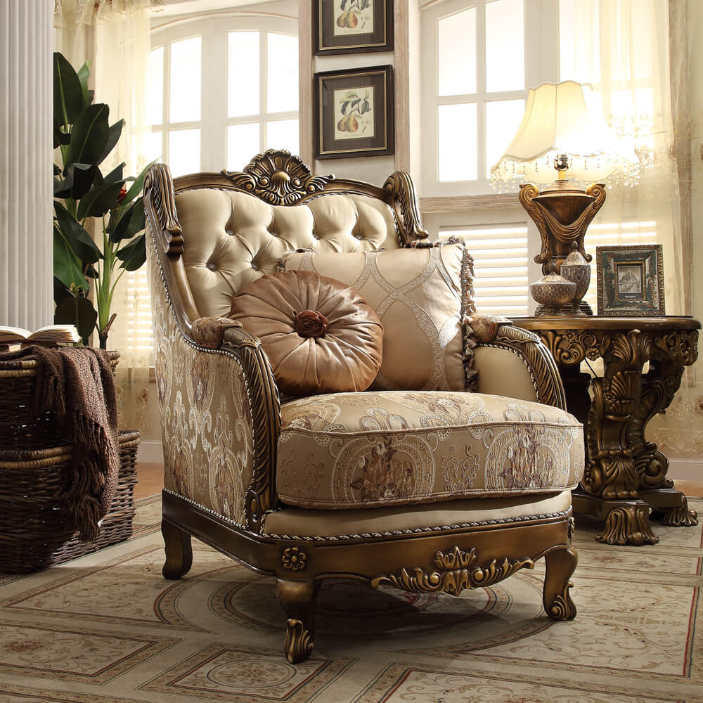 Fabric Accent Chair in Metallic Antique Gold & Brown Finish European Victorian