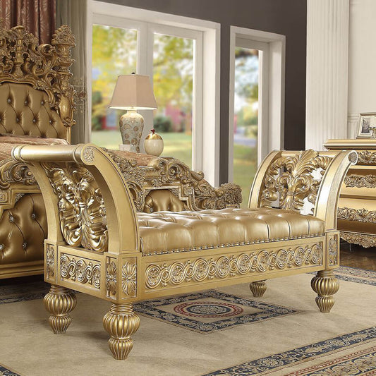 Leather Bed Bench in Metallic Bright Gold Finish European Victorian